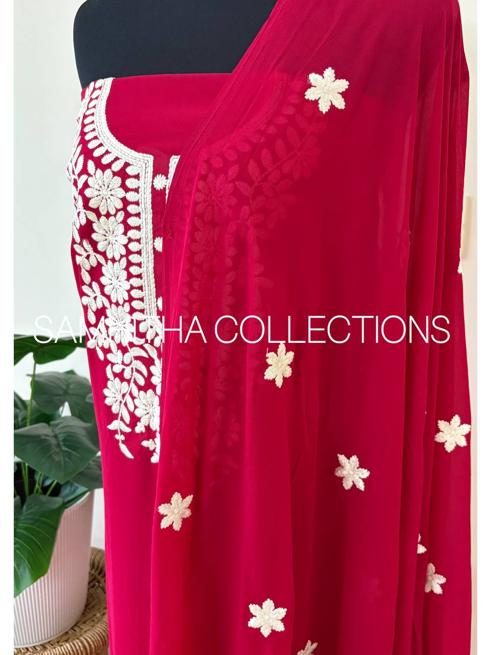 SC3147 - Chikankari inspired thread embroidered Premium Georgette Salwar materials, Beetroot pink colour