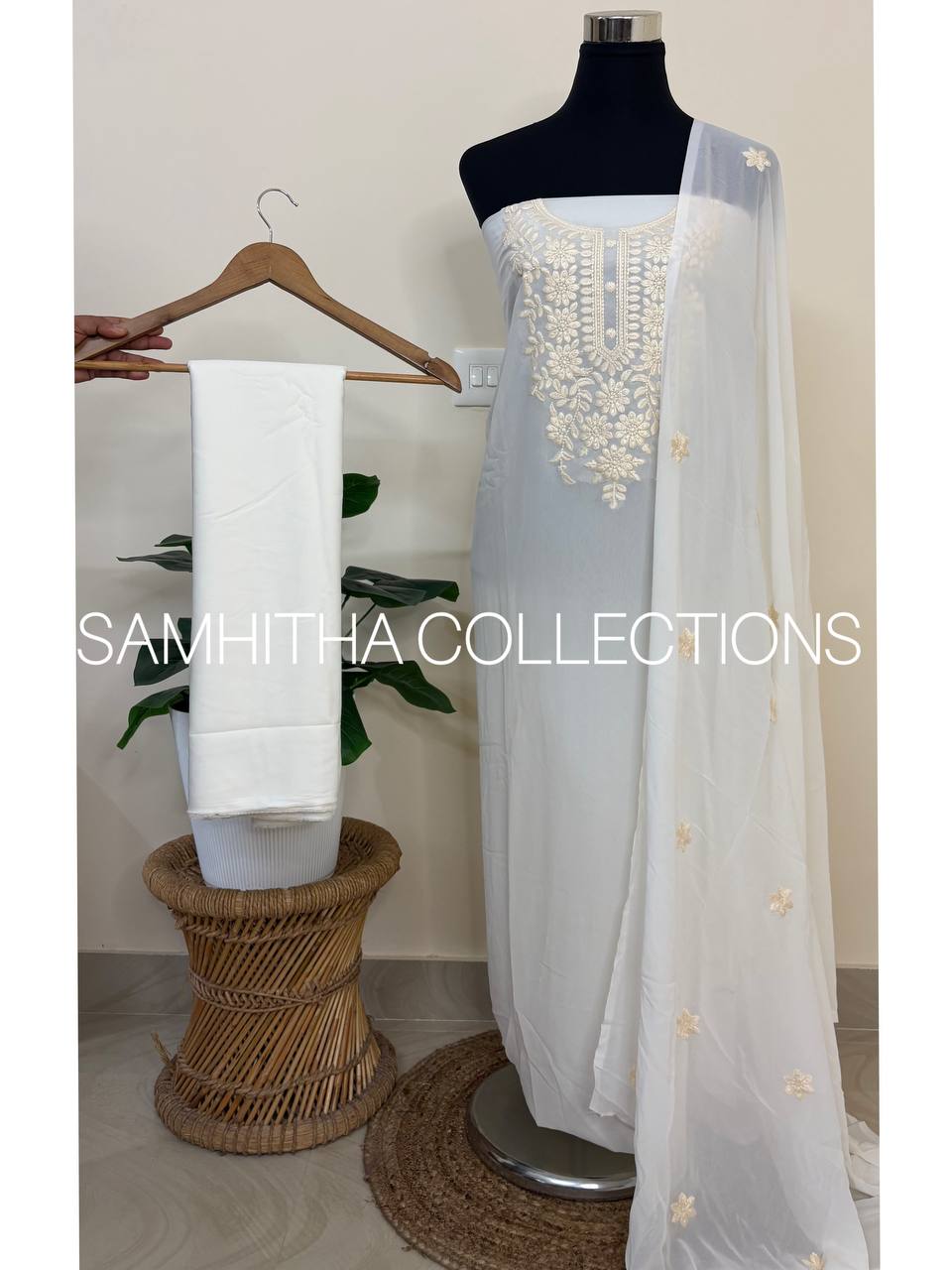 SC3148 - Chikankari inspired thread embroidered Premium Georgette Salwar materials, White colour