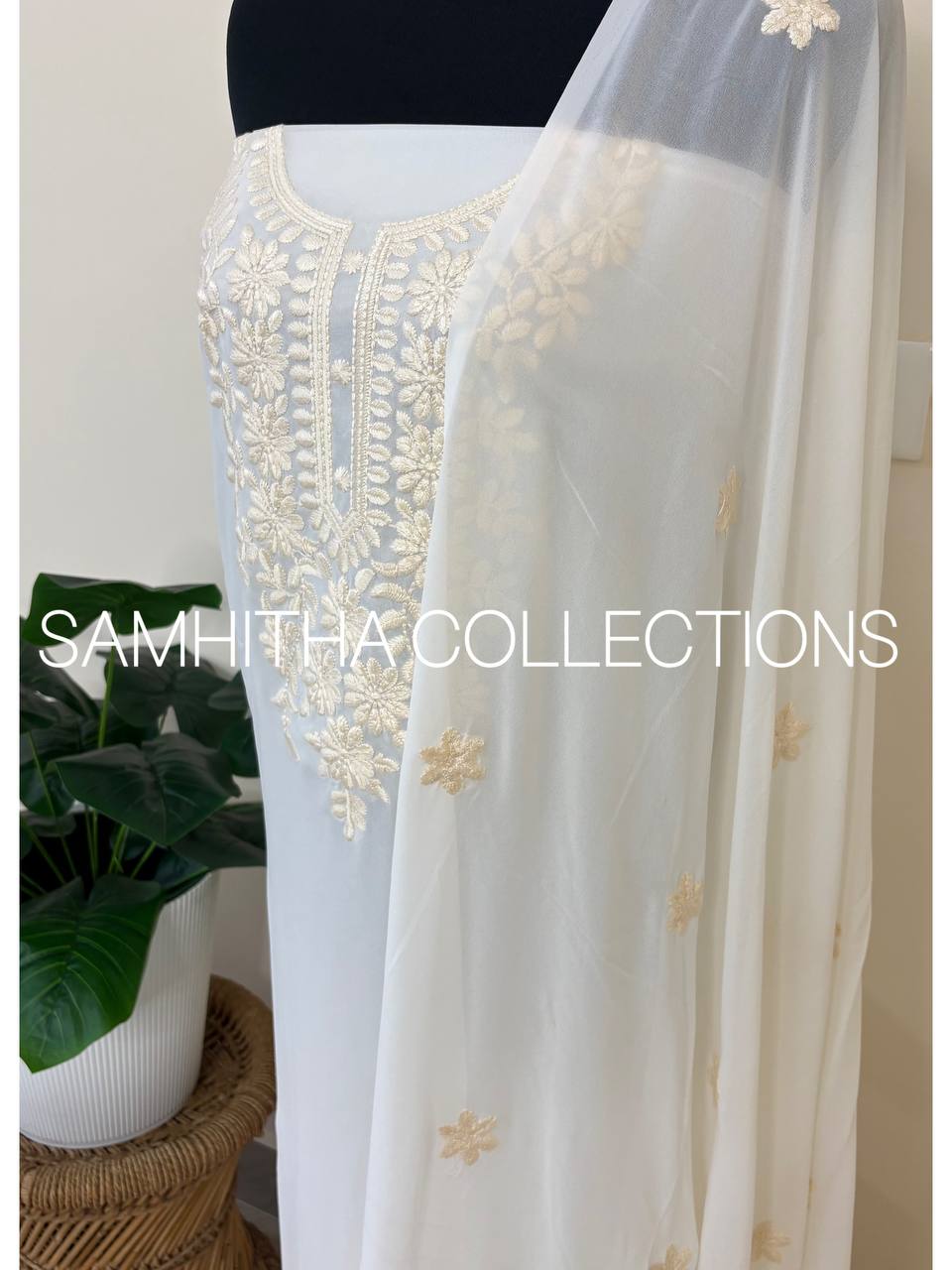 SC3148 - Chikankari inspired thread embroidered Premium Georgette Salwar materials, White colour