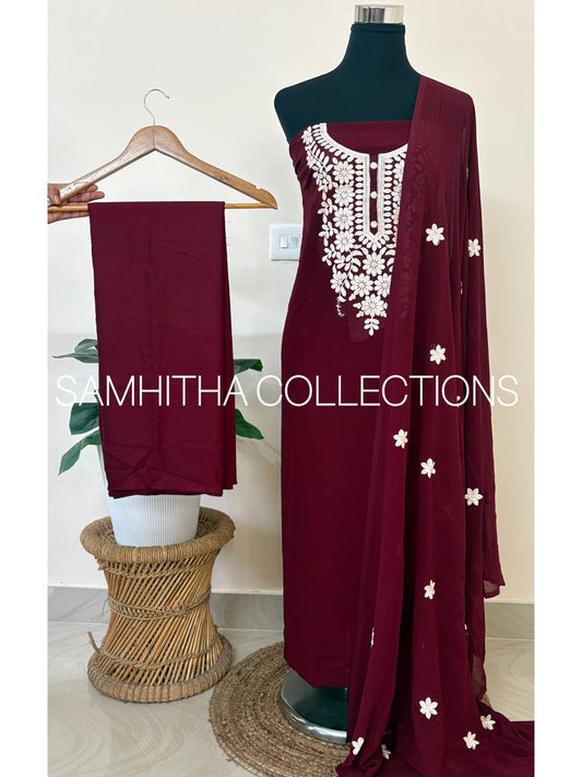 SC3149 - Chikankari inspired thread embroidered Premium Georgette Salwar materials, Burgundy Maroon colour