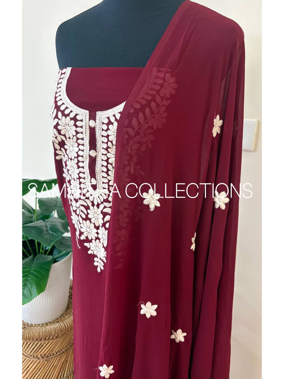 SC3149 - Chikankari inspired thread embroidered Premium Georgette Salwar materials, Burgundy Maroon colour