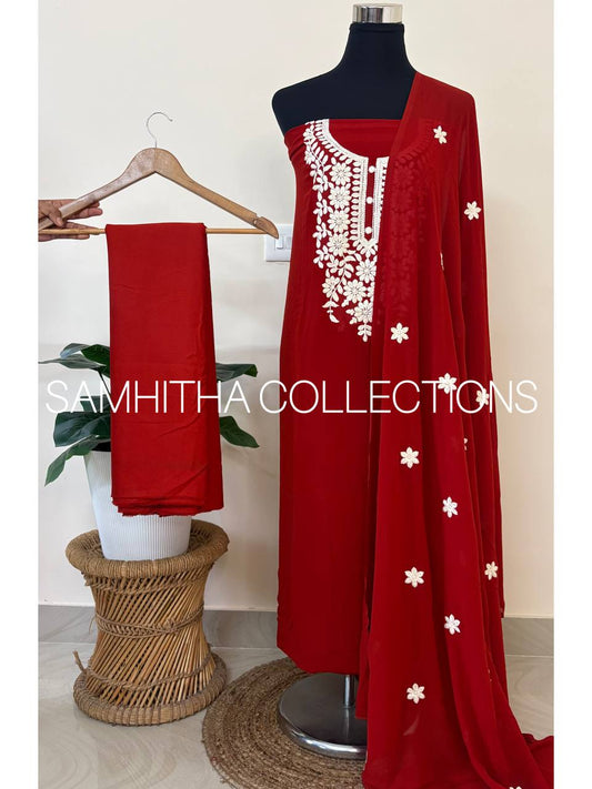 SC3150 - Chikankari inspired thread embroidered Premium Georgette Salwar materials, Brick orange colour