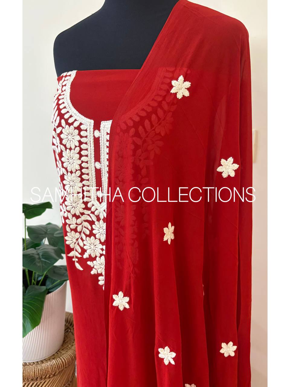SC3150 - Chikankari inspired thread embroidered Premium Georgette Salwar materials, Brick orange colour
