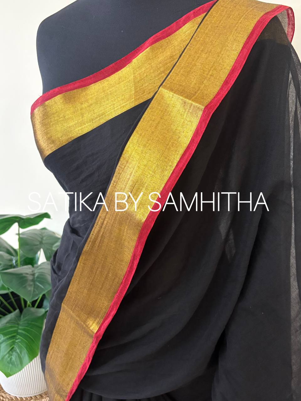 STSC19 - Pure 120 Count Mul Cotton Saree with golden zari border with a subtle crimson red edge, Black colour