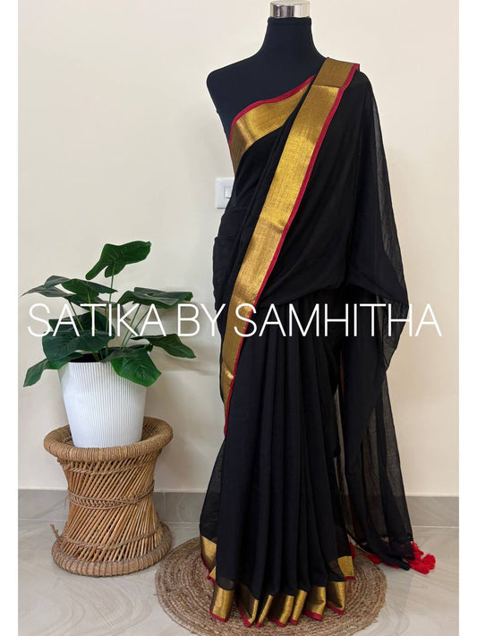 STSC19 - Pure 120 Count Mul Cotton Saree with golden zari border with a subtle crimson red edge, Black colour