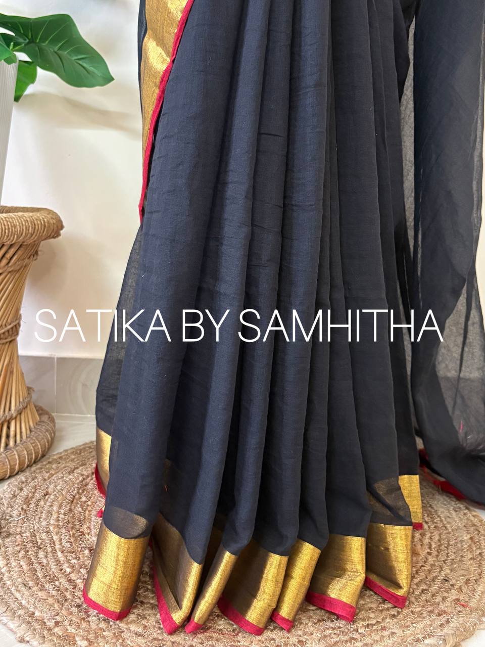 STSC19 - Pure 120 Count Mul Cotton Saree with golden zari border with a subtle crimson red edge, Black colour