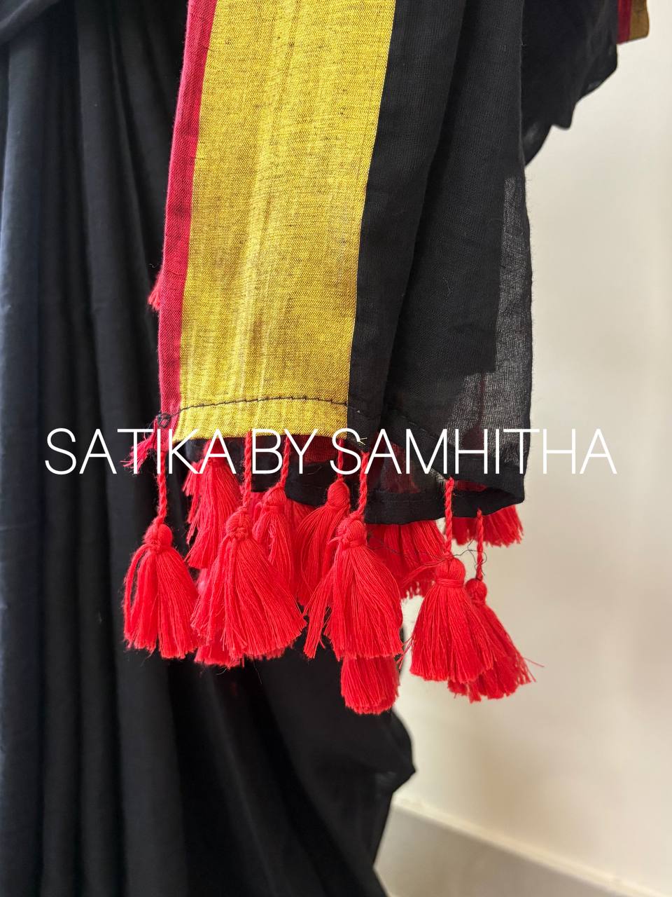 STSC19 - Pure 120 Count Mul Cotton Saree with golden zari border with a subtle crimson red edge, Black colour