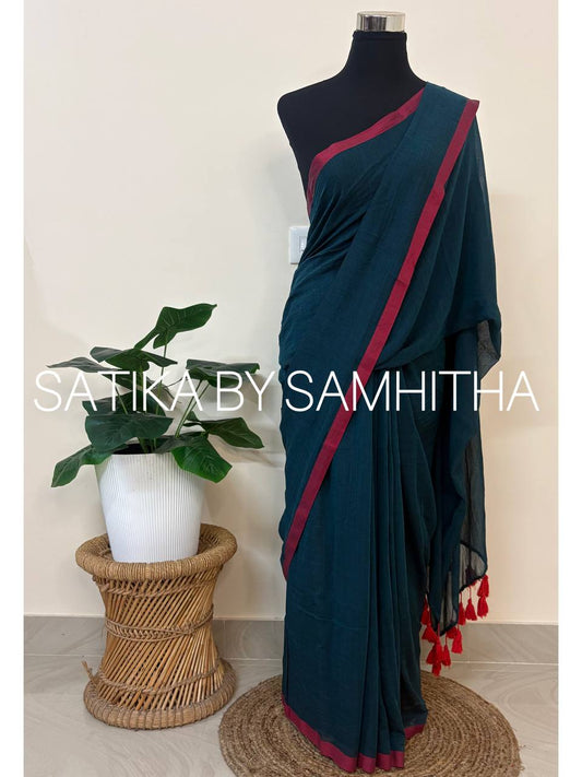 STSC20 - Pure 120 count Mulcotton Ramagreen colour saree with Reddish maroon Border.
