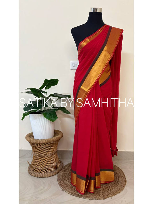 STSC21 - Pure 120 count Mulcotton Saree, Crimson Red colour with contrast Dark green and golden zari Border, Readystock available now