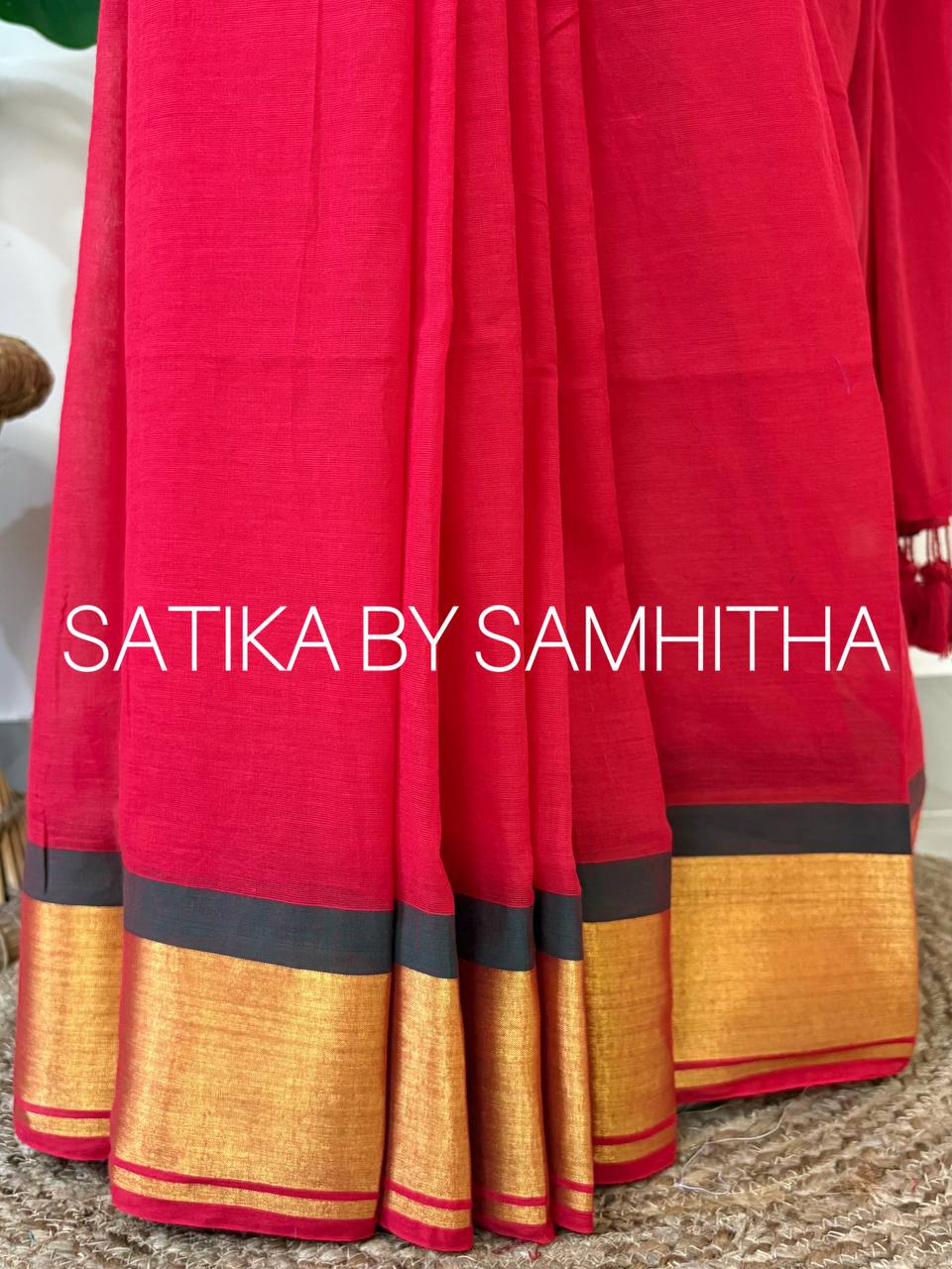 STSC21 - Pure 120 count Mulcotton Saree, Crimson Red colour with contrast Dark green and golden zari Border.