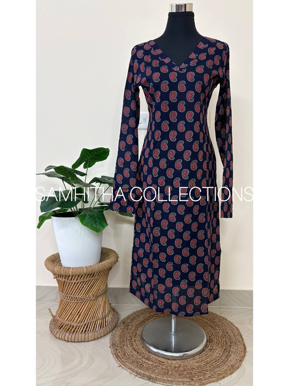 SC3165 - Paisley Print Pure Cotton Kurti with Chudi Sleeves, Navy blue colour