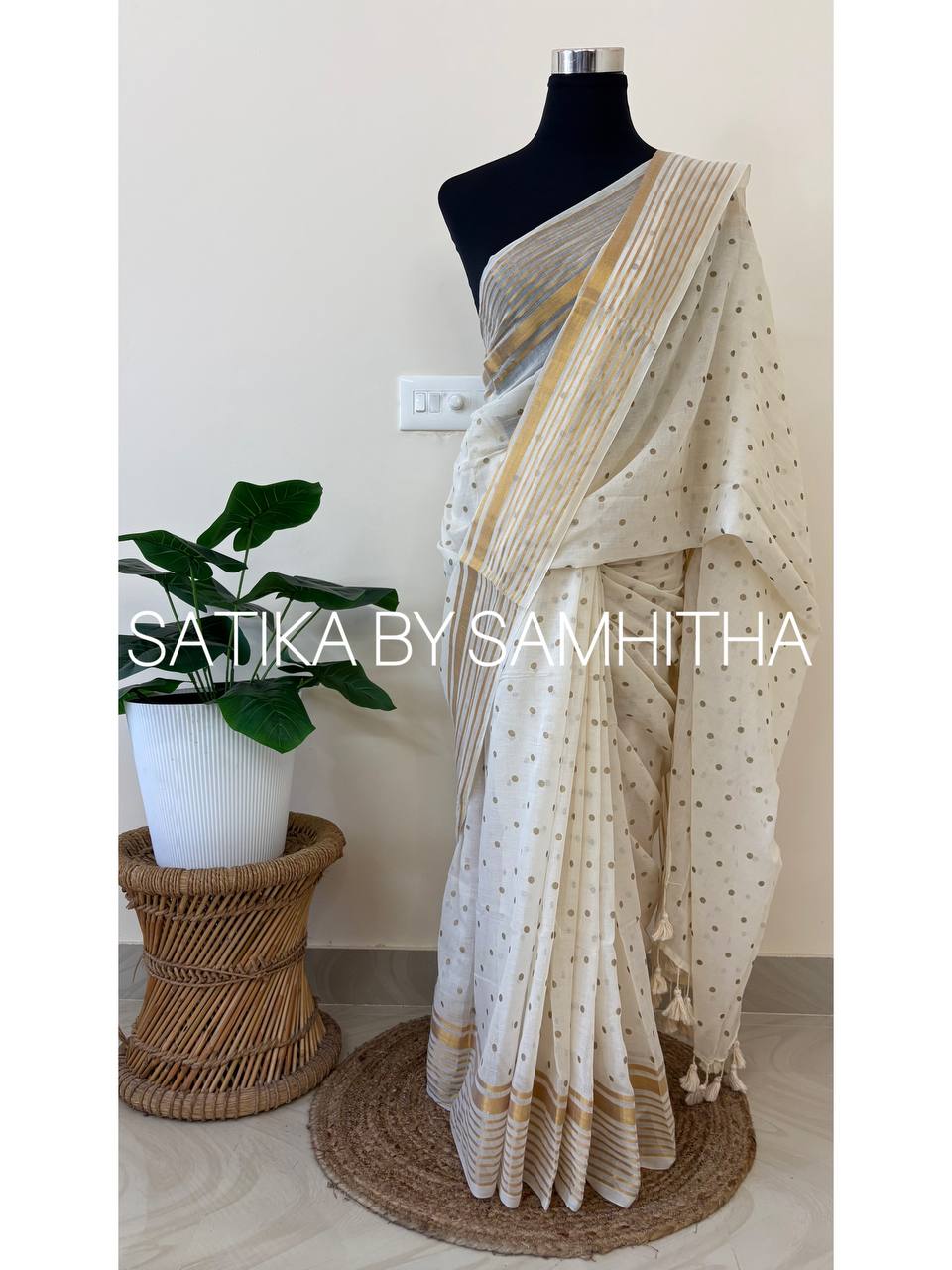 STSC22 - Pure 120 count Mulcotton Saree, Offwhite body with all over small golden polka dots with golden zeri stripes border,Pre booking open now, dispatch within 10 working days
