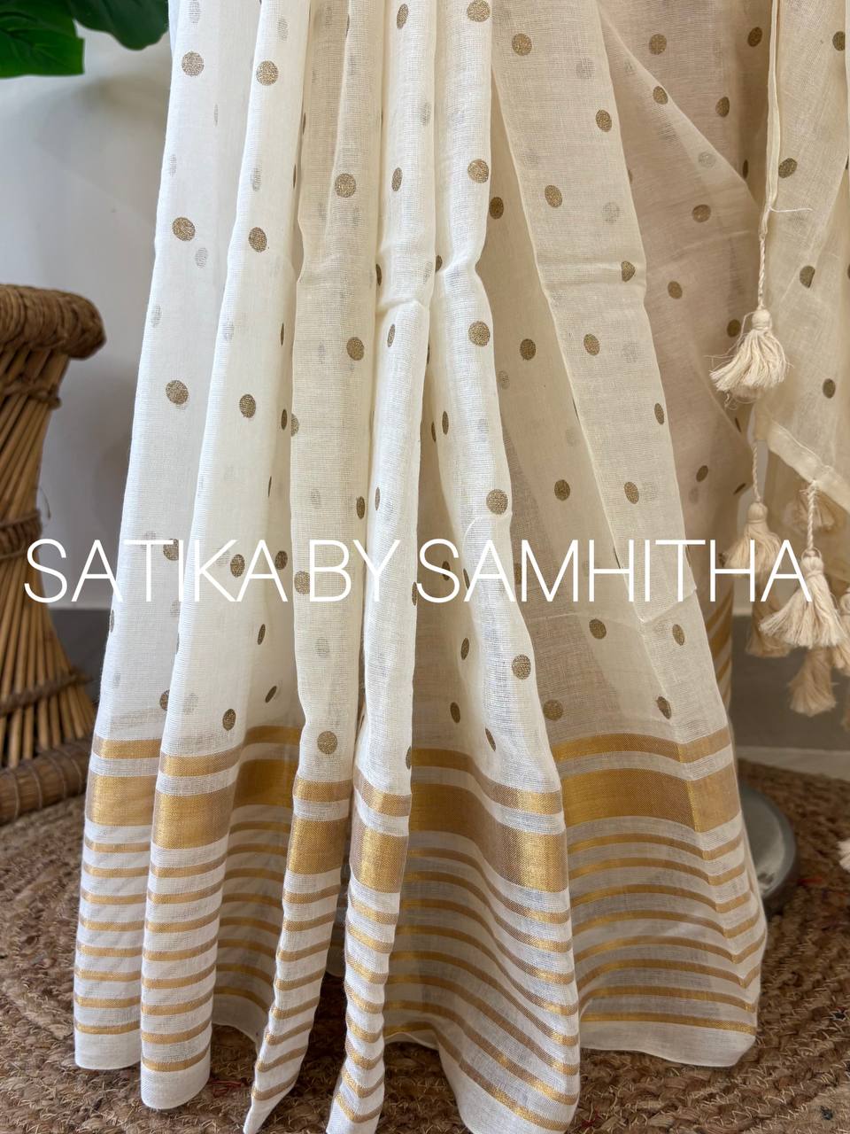 STSC22 - Pure 120 count Mulcotton Saree, Offwhite body with all over small golden polka dots with golden zeri stripes border,Pre booking open now, dispatch within 10 working days