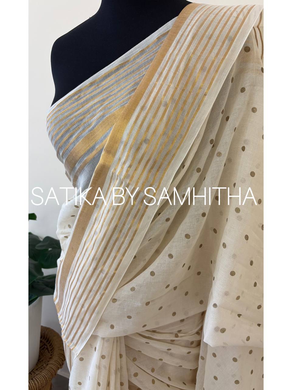 STSC22 - Pure 120 count Mulcotton Saree, Offwhite body with all over small golden polka dots with golden zeri stripes border,Pre booking open now, dispatch within 10 working days