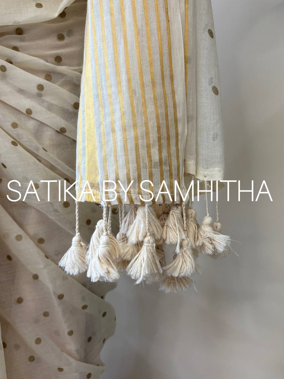 STSC22 - Pure 120 count Mulcotton Saree, Offwhite body with all over small golden polka dots with golden zeri stripes border,Pre booking open now, dispatch within 10 working days