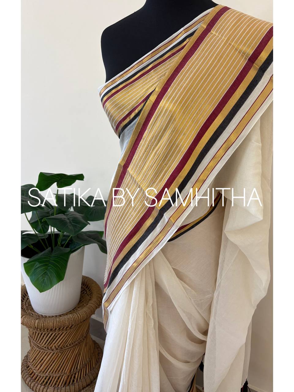 STSC23 - Pure 120 count Mulcotton Saree, Offwhite body with a rich gold zeri border highlighted with elegant black and maroon stripes. ,Pre booking open now, dispatch within 10 working days