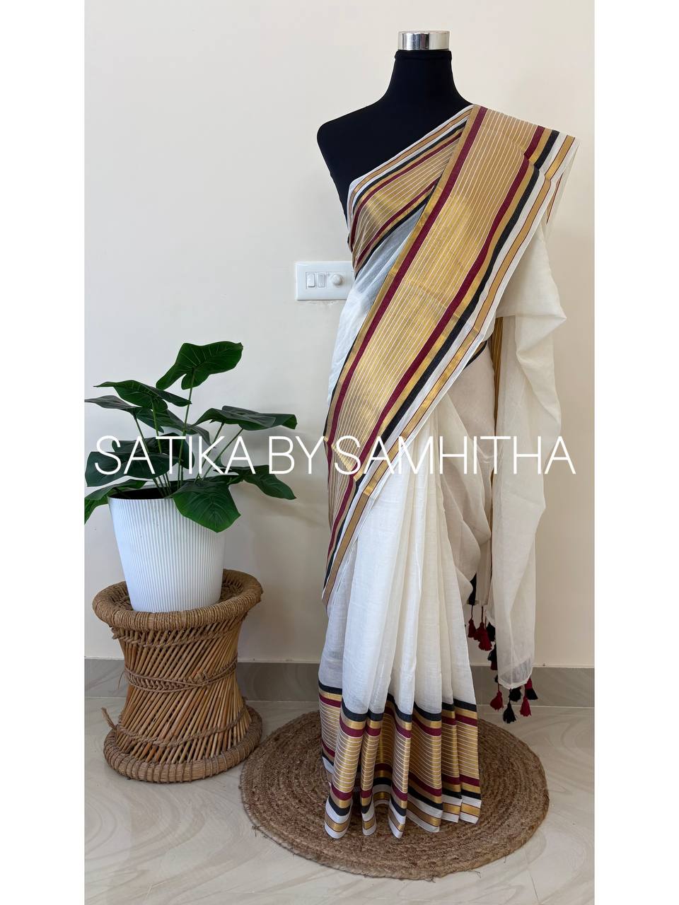 STSC23 - Pure 120 count Mulcotton Saree, Offwhite body with a rich gold zeri border highlighted with elegant black and maroon stripes. ,Pre booking open now, dispatch within 10 working days