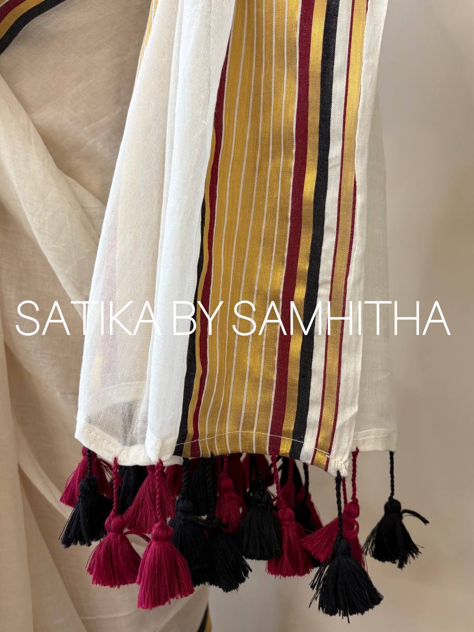 STSC23 - Pure 120 count Mulcotton Saree, Offwhite body with a rich gold zeri border highlighted with elegant black and maroon stripes. ,Pre booking open now, dispatch within 10 working days