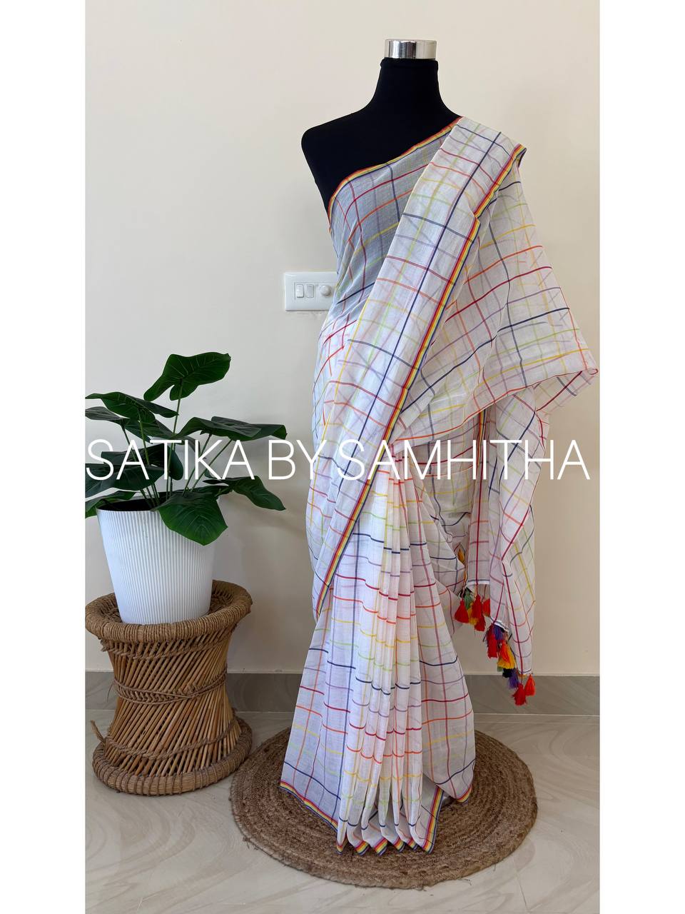 STSC06 - Navya Nair Inspired inspired 120 count premium Mulcotton saree, Off-white shade with multicoloured checks all over the body, Pre booking open now, dispatch within 15 to 20 working days