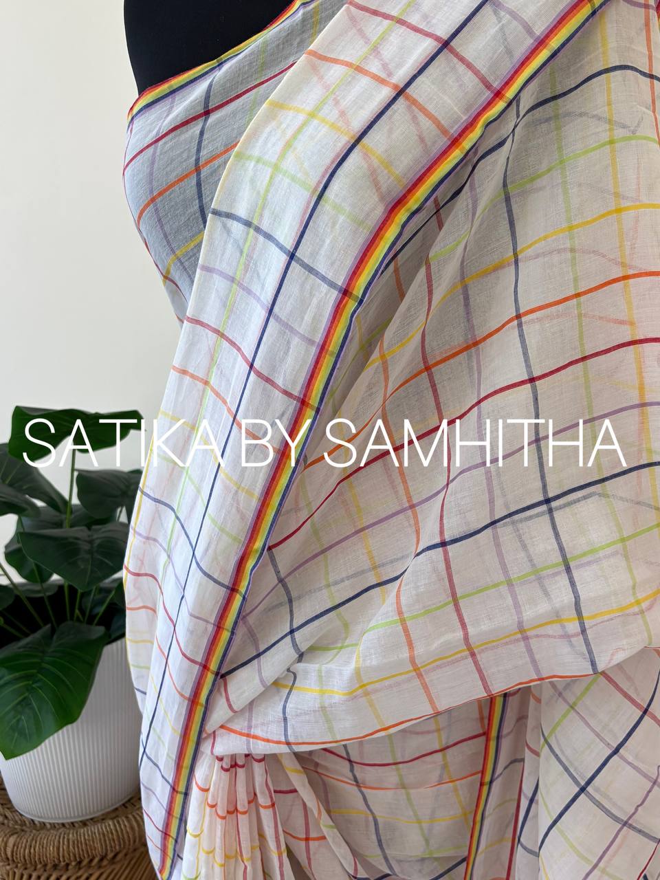 STSC06 - Navya Nair Inspired inspired 120 count premium Mulcotton saree, Off-white shade with multicoloured checks all over the body, Pre booking open now, dispatch within 15 to 20 working days
