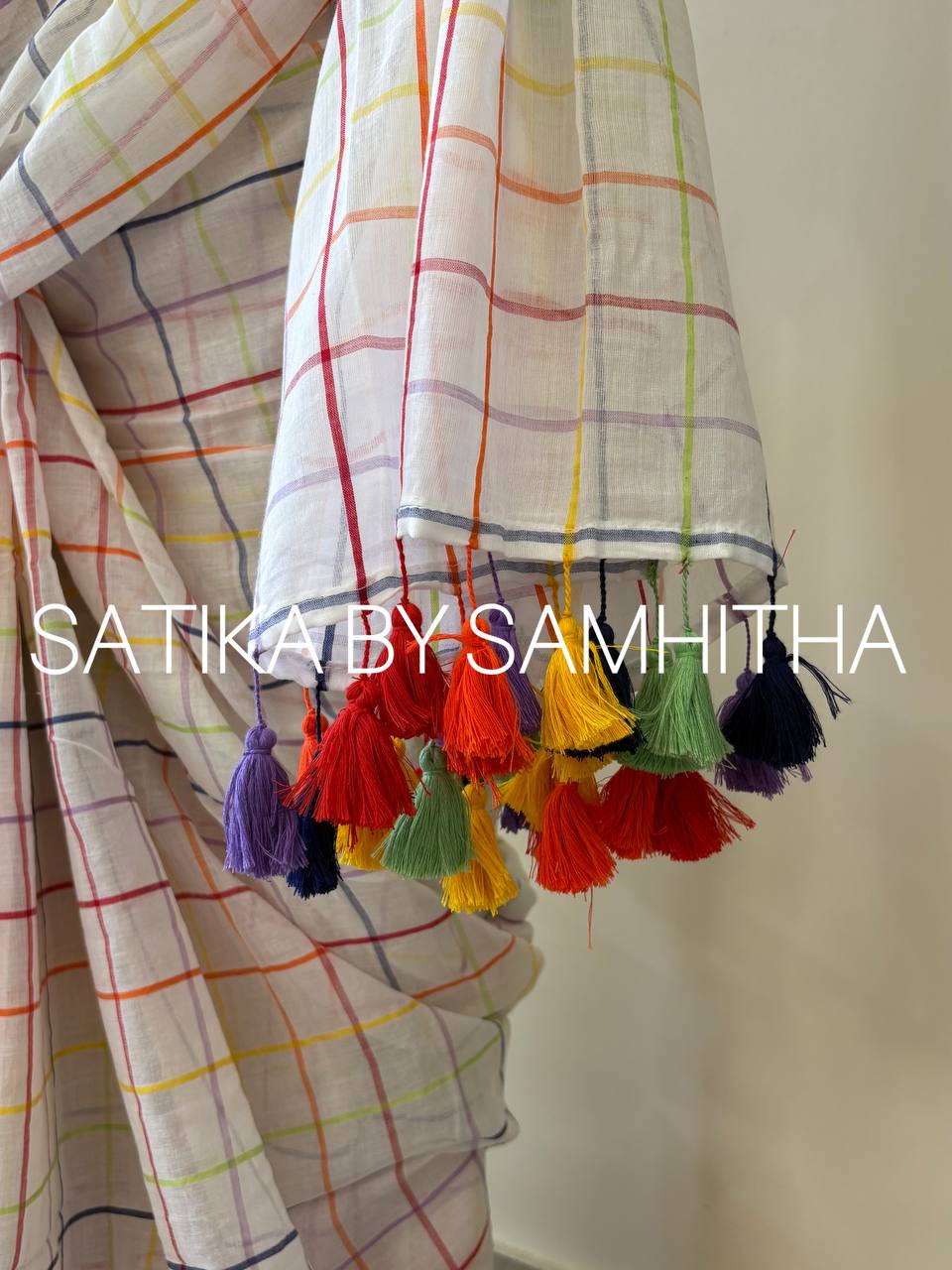 STSC06 - Navya Nair Inspired inspired 120 count premium Mulcotton saree, Off-white shade with multicoloured checks all over the body, Pre booking open now, dispatch within 15 to 20 working days