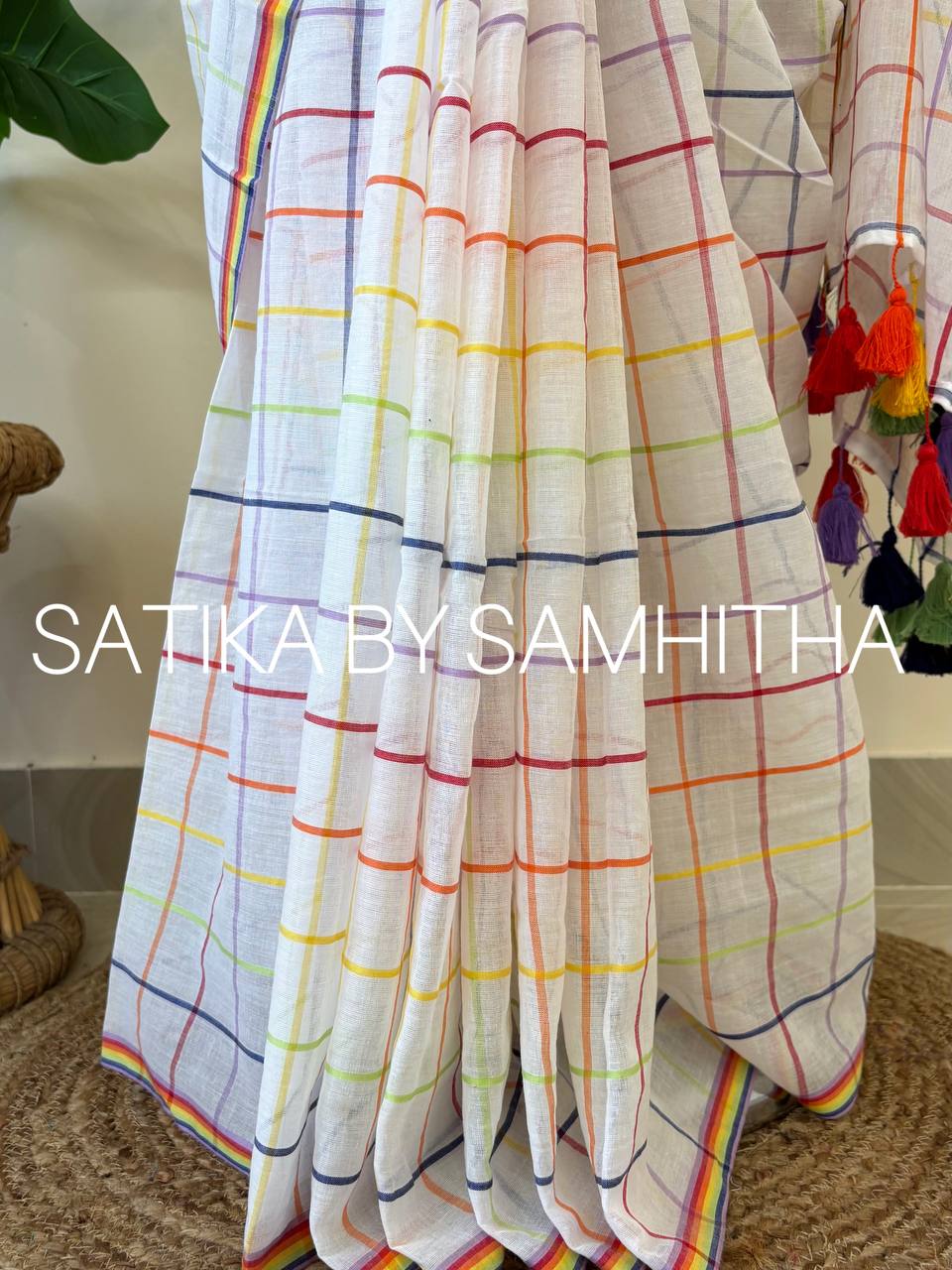 STSC06 - Navya Nair Inspired inspired 120 count premium Mulcotton saree, Off-white shade with multicoloured checks all over the body, Pre booking open now, dispatch within 15 to 20 working days