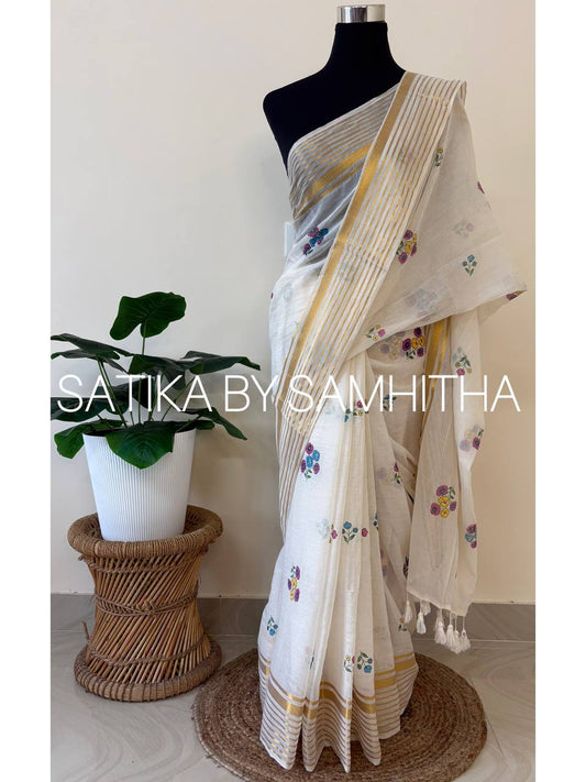 STSC26 - Floral Hand Painted Saree| Premium Pure 120 Count Mulcotton, Ready to dispatch
