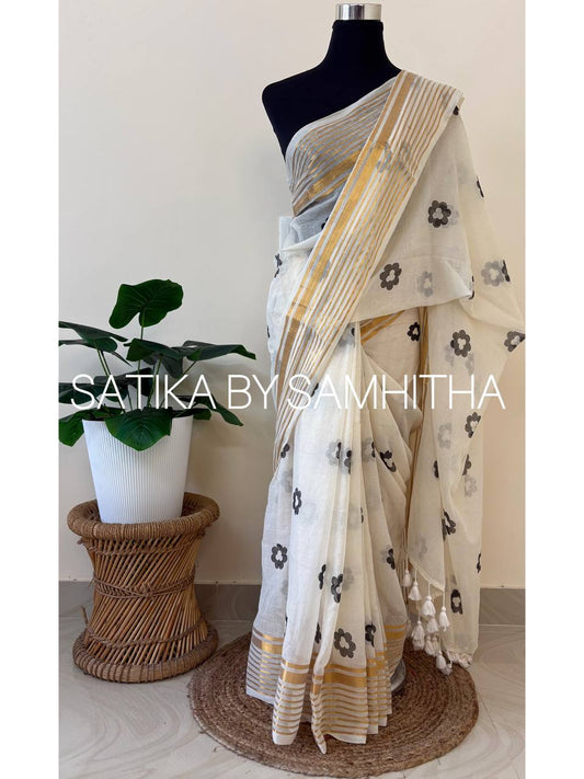 STSC27 - Floral design Handblock Printed Saree| Black print| Premium Pure 120 Count Mulcotton, Readystock available now