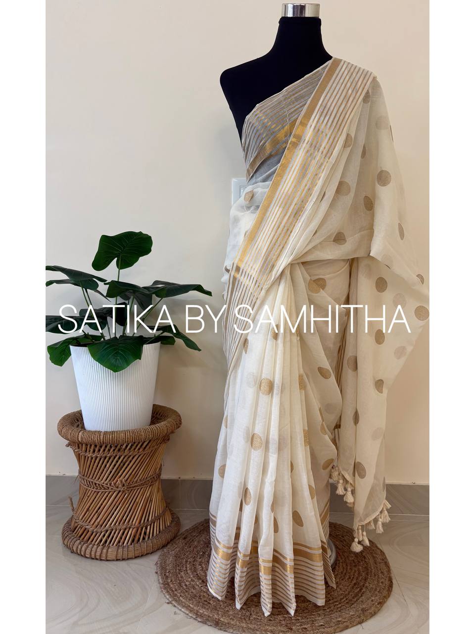 STSC28 - Pure 120 count Mulcotton Saree, Offwhite body with all over big golden polka dots with golden zeri stripes border, Pre booking open now, dispatch within 10 working days