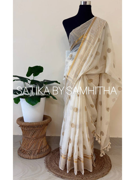 STSC28 - Pure 120 count Mulcotton Saree, Offwhite body with all over big golden polka dots with golden zeri stripes border, Pre booking open now, dispatch within 10 to 15 working days