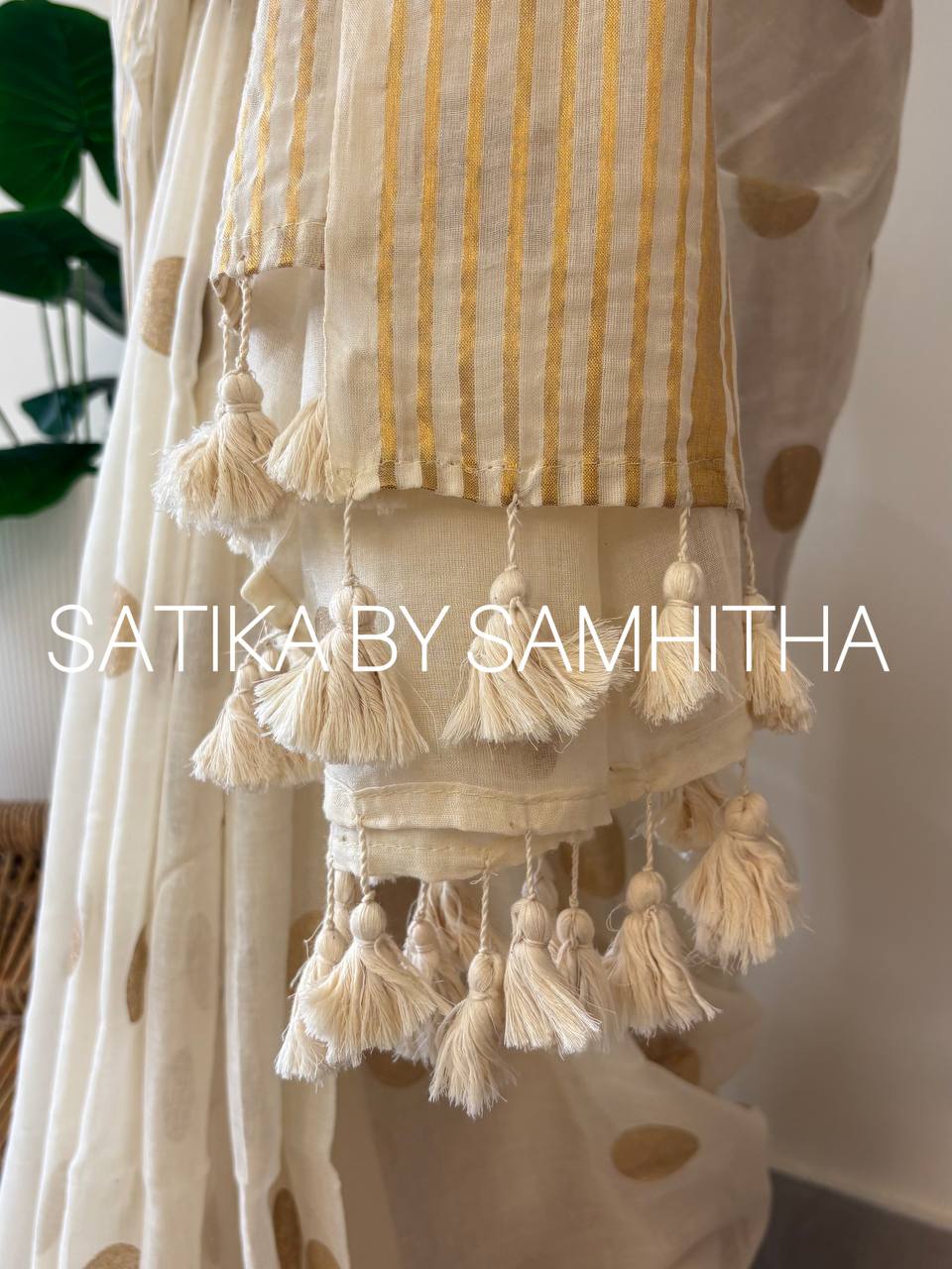STSC28 - Pure 120 count Mulcotton Saree, Offwhite body with all over big golden polka dots with golden zeri stripes border, Pre booking open now, dispatch within 10 working days