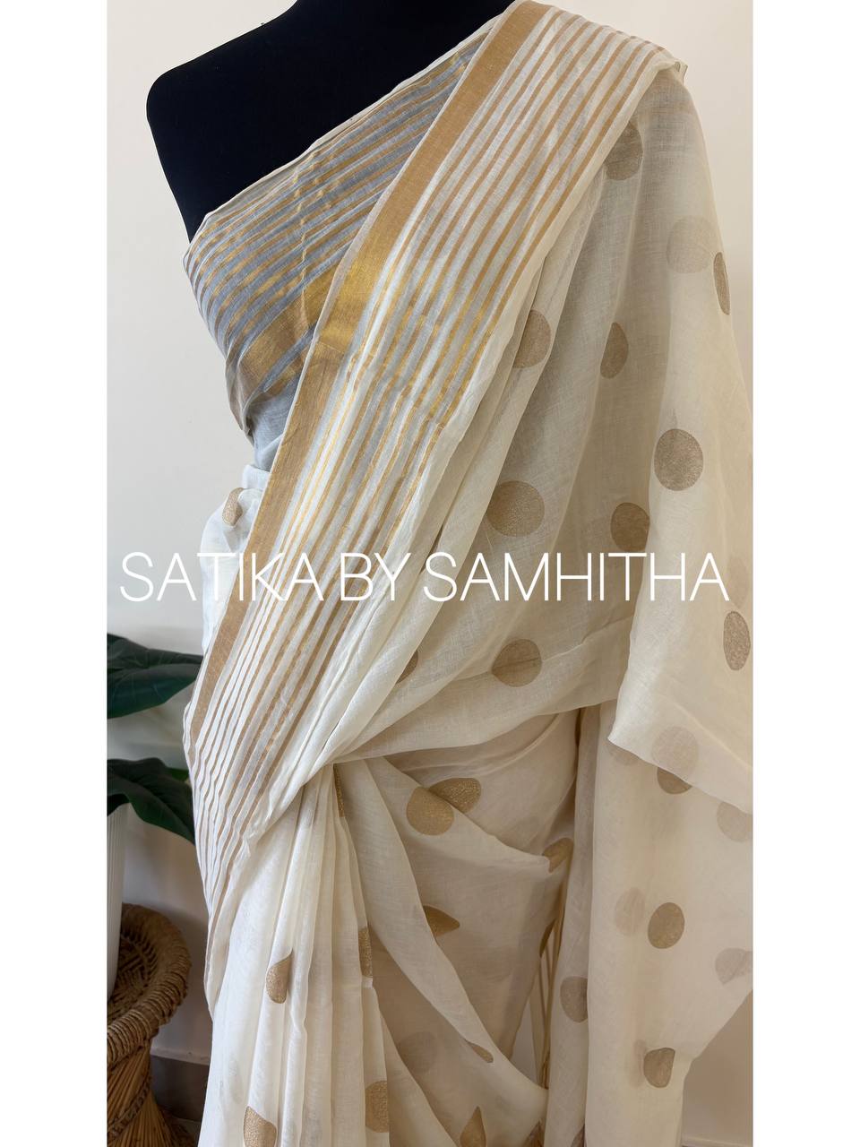 STSC28 - Pure 120 count Mulcotton Saree, Offwhite body with all over big golden polka dots with golden zeri stripes border, Pre booking open now, dispatch within 10 working days