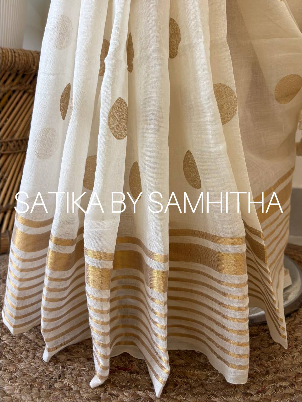 STSC28 - Pure 120 count Mulcotton Saree, Offwhite body with all over big golden polka dots with golden zeri stripes border, Pre booking open now, dispatch within 10 working days