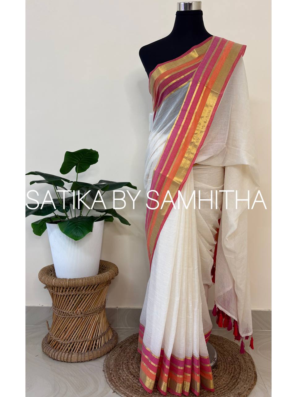 STSC29 - Pure 120 count Mulcotton Saree, Offwhite body with multi coloured (bright pink, red and coral) and golden zeri stripes border, Pre booking open now, dispatch within 10 working days