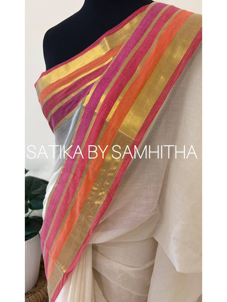 STSC29 - Pure 120 count Mulcotton Saree, Offwhite body with multi coloured (bright pink, red and coral) and golden zeri stripes border, Pre booking open now, dispatch within 10 working days