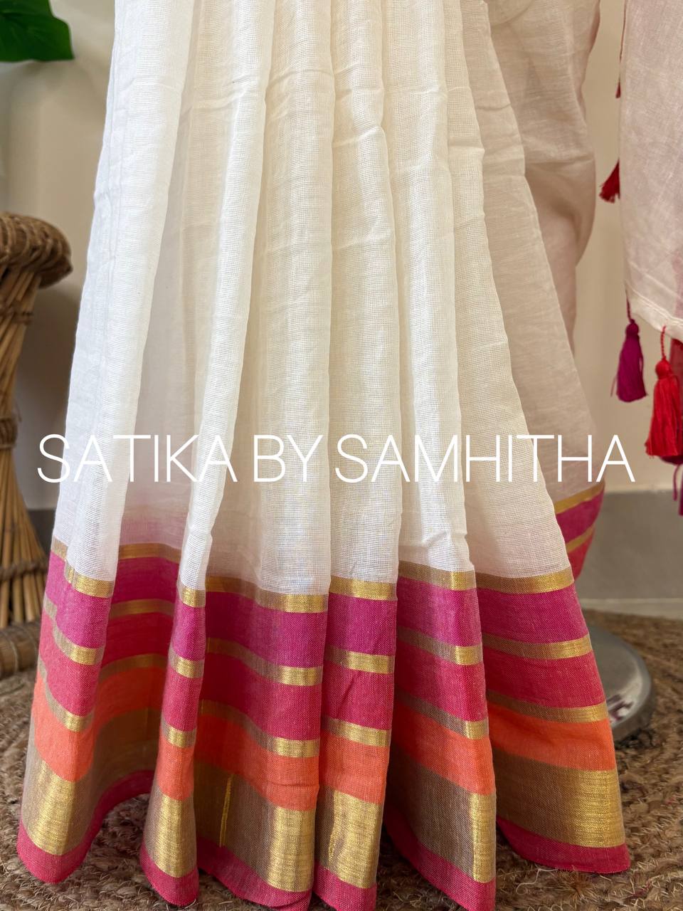 STSC29 - Pure 120 count Mulcotton Saree, Offwhite body with multi coloured (bright pink, red and coral) and golden zeri stripes border, Pre booking open now, dispatch within 10 working days