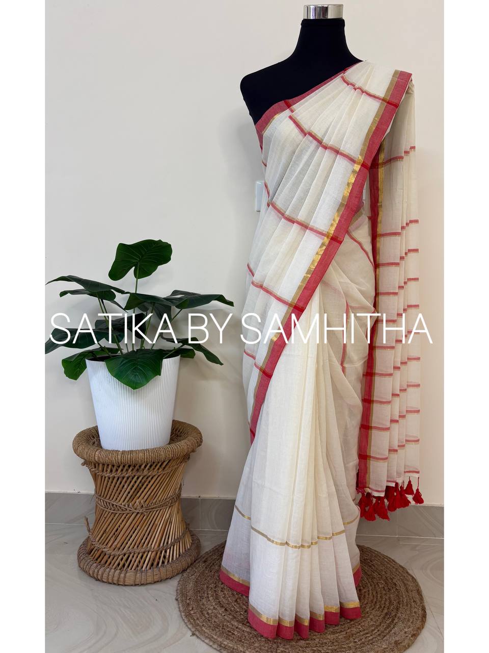 STSC30 - Pure 120 count Mulcotton Saree, Offwhite body with Red and golden stripes all over the body and borders, Pre booking open now, dispatch within 10 working days