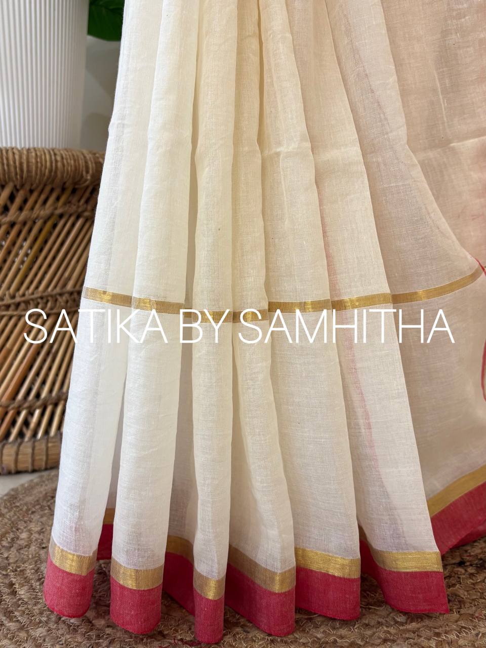 STSC30 - Pure 120 count Mulcotton Saree, Offwhite body with Red and golden stripes all over the body and borders, Pre booking open now, dispatch within 10 working days