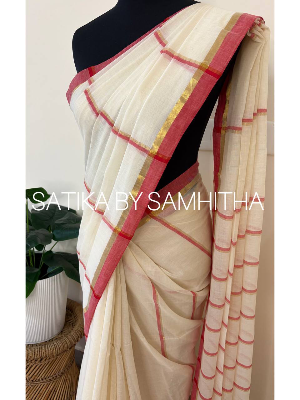 STSC30 - Pure 120 count Mulcotton Saree, Offwhite body with Red and golden stripes all over the body and borders, Pre booking open now, dispatch within 10 working days