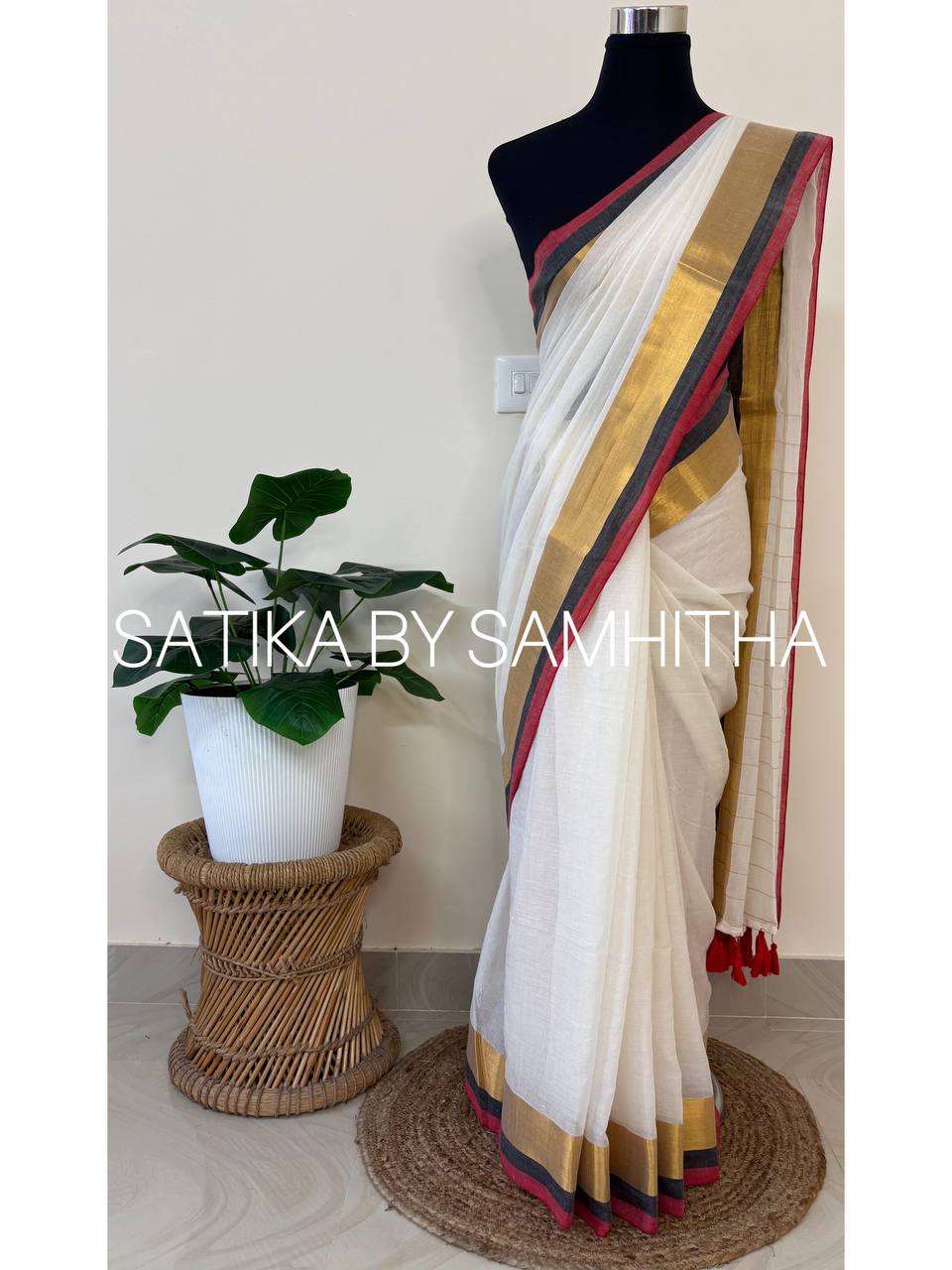 STSC31 - Pure 120 count Mulcotton Saree, Offwhite body with Crimson Red, black and golden zeri striped border and golden striped pallu, Pre booking open now, dispatch within 10 working days
