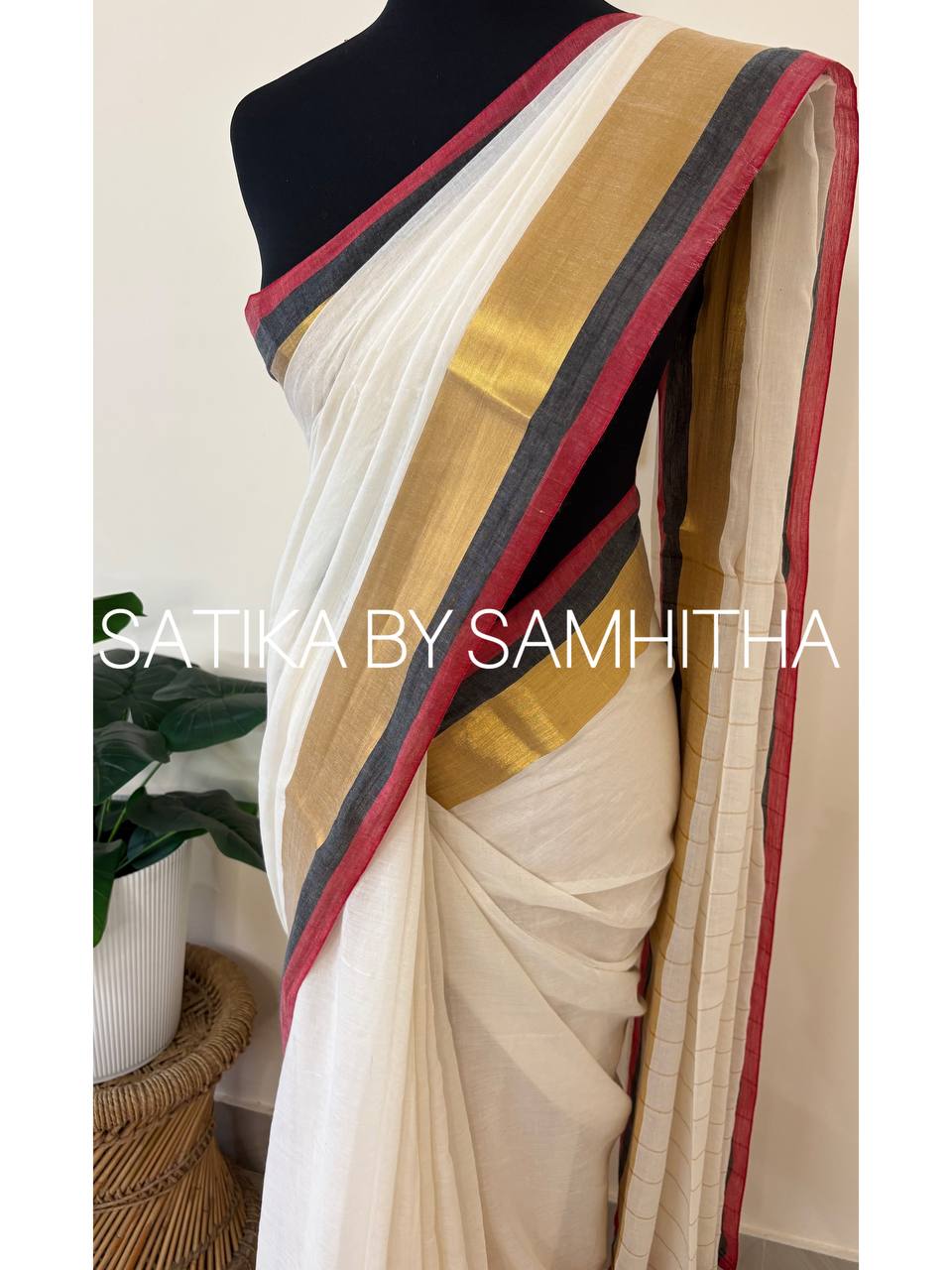 STSC31 - Pure 120 count Mulcotton Saree, Offwhite body with Crimson Red, black and golden zeri striped border and golden striped pallu, Pre booking open now, dispatch within 10 working days