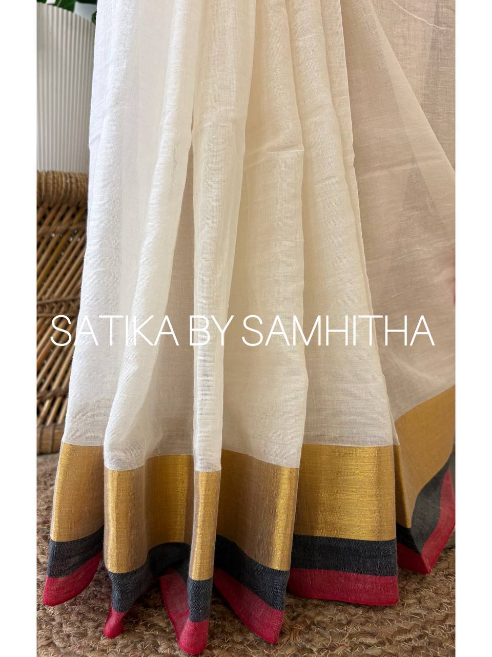 STSC31 - Pure 120 count Mulcotton Saree, Offwhite body with Crimson Red, black and golden zeri striped border and golden striped pallu, Pre booking open now, dispatch within 10 working days