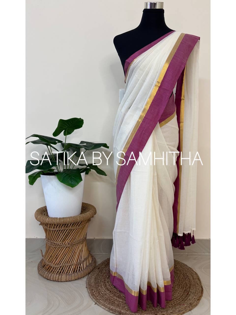 STSC32 - Pure 120 count Mulcotton Saree, Offwhite body with purple and golden zeri striped border, Pre booking open now, dispatch within 10 working days