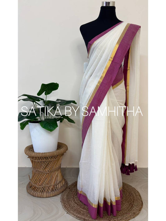 STSC32 - Pure 120 count Mulcotton Saree, Offwhite body with purple and golden zeri striped border, Readystock available now