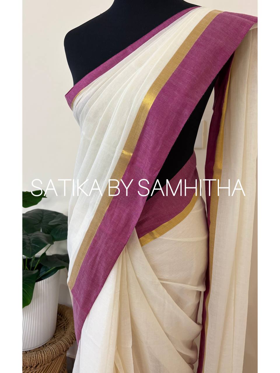 STSC32 - Pure 120 count Mulcotton Saree, Offwhite body with purple and golden zeri striped border, Pre booking open now, dispatch within 10 working days