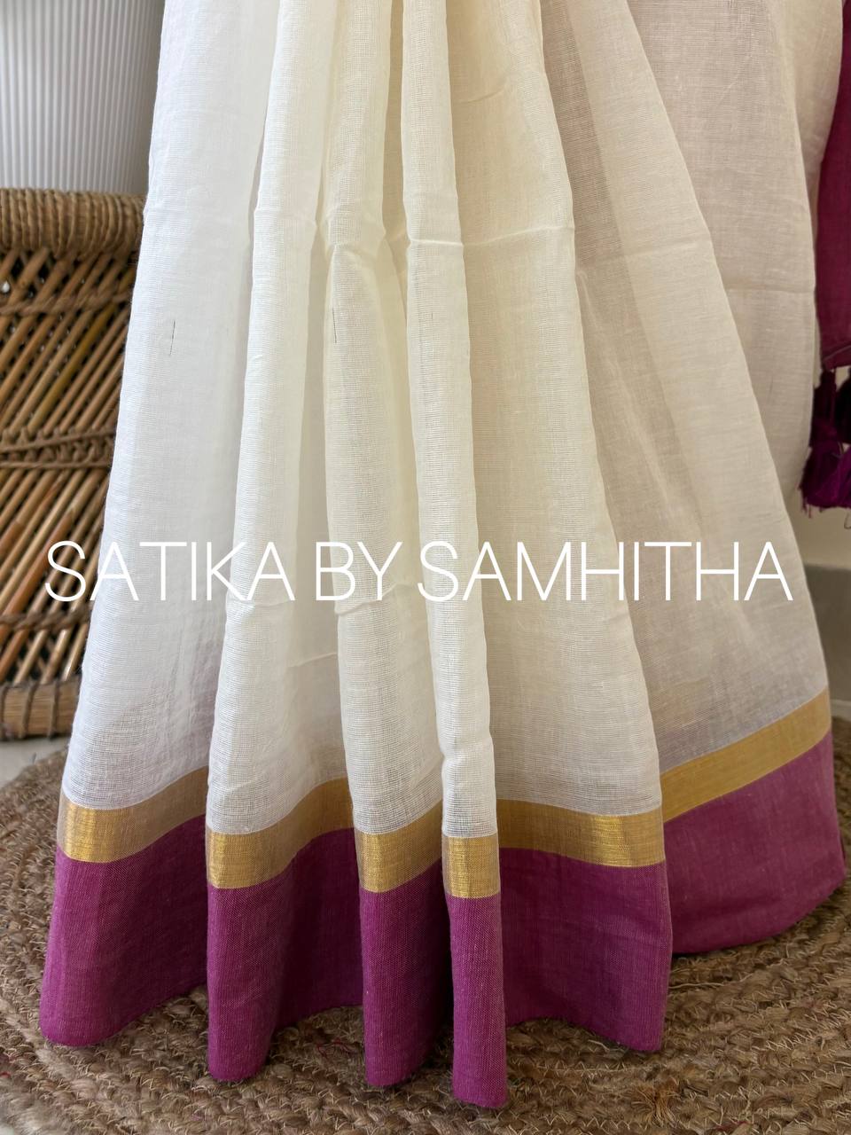 STSC32 - Pure 120 count Mulcotton Saree, Offwhite body with purple and golden zeri striped border, Pre booking open now, dispatch within 10 working days