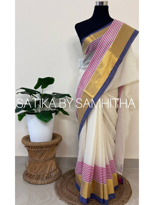 STSC33 - Pure 120 count Mulcotton Saree, Offwhite body with bright pink stripes, luminous golden zari panel, and a  deep indigo blue border, Readystock available now