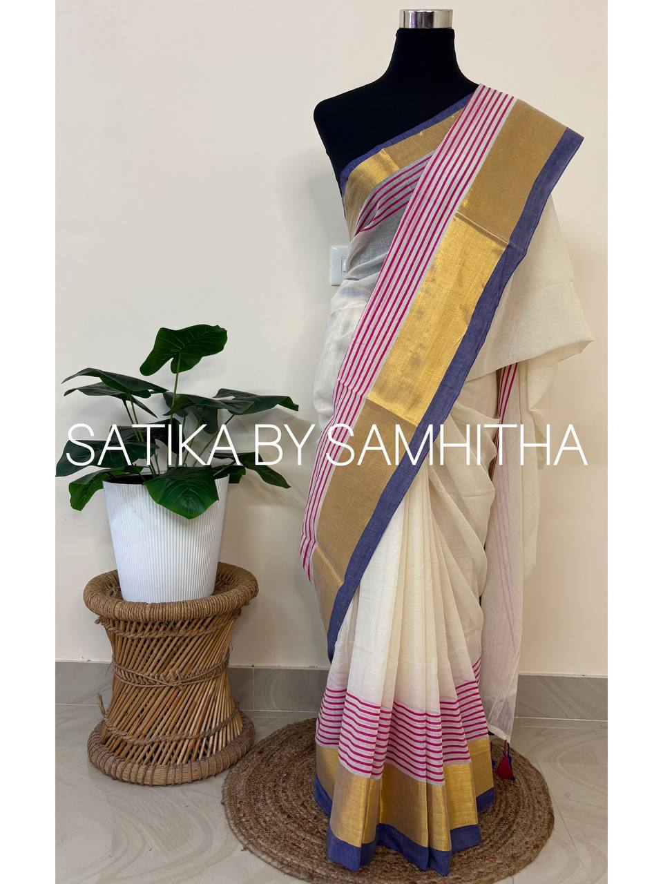 STSC33 - Pure 120 count Mulcotton Saree, Offwhite body with bright pink stripes, luminous golden zari panel, and a  deep indigo blue border, Pre booking open now, dispatch within 10 working days