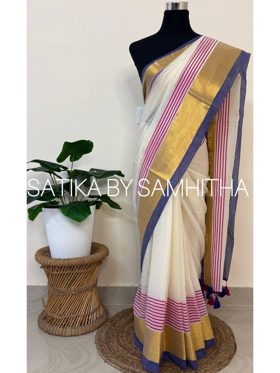 STSC33 - Pure 120 count Mulcotton Saree, Offwhite body with bright pink stripes, luminous golden zari panel, and a  deep indigo blue border, Pre booking open now, dispatch within 10 working days