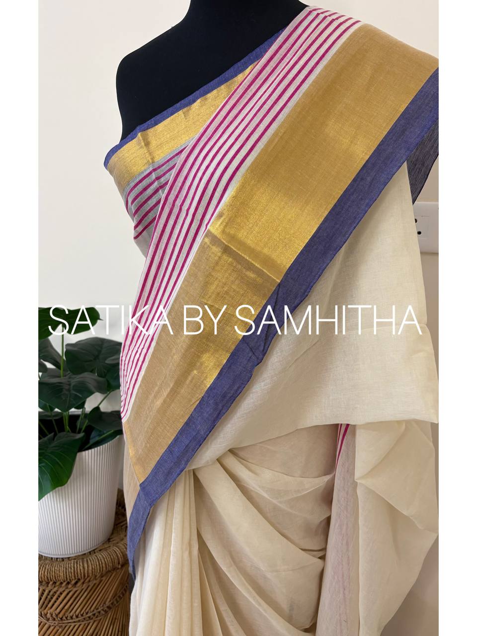 STSC33 - Pure 120 count Mulcotton Saree, Offwhite body with bright pink stripes, luminous golden zari panel, and a  deep indigo blue border, Pre booking open now, dispatch within 10 working days